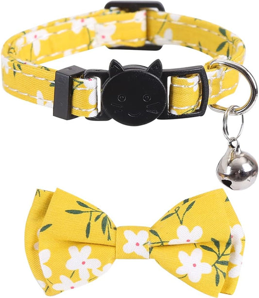 2 Pack/Set Stylish Cat Collar with Bow Tie and Bell , Plaid Flower for Kitty , Adjustable