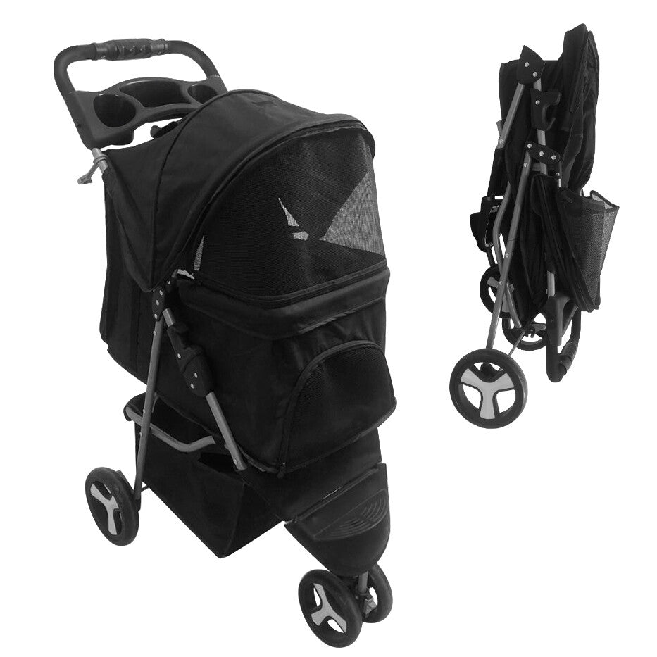 Dog Stroller / Travel Carriage - 3 Wheeler W/Foldable Carrier Cart & Cup Holder