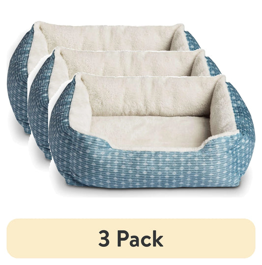 (3 Pack)  Dog & Cat Plush Bed/ Cuddler, Portable, Blue & White, 19" × 15"