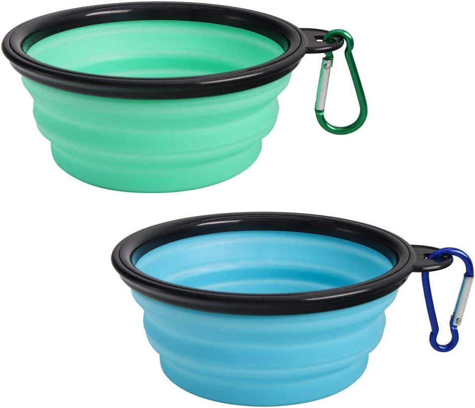 2-Pack Collapsible Travel Pet Bowl , Portable Silicone Pet Feeder, Foldable /Expandable Bowl (Light Blue+Light Green)