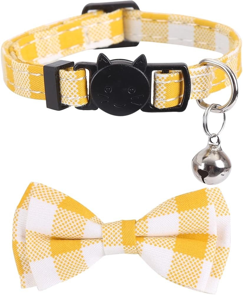 2 Pack/Set Stylish Cat Collar with Bow Tie and Bell , Plaid Flower for Kitty , Adjustable 