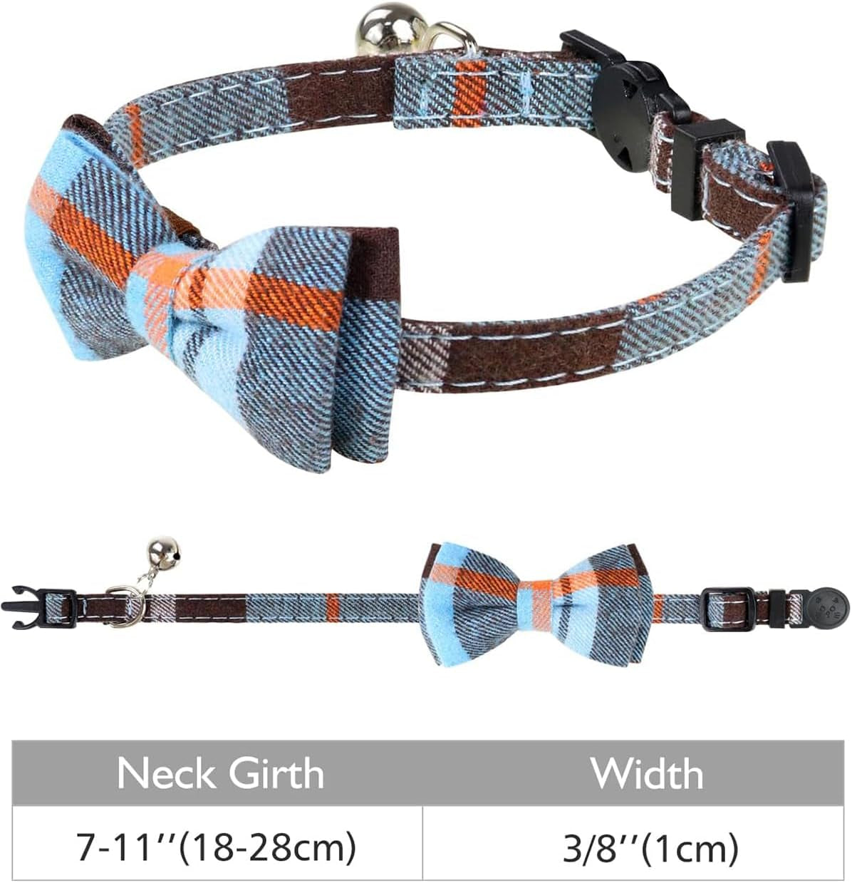 Stylish Cat Collar with BowTie & Bells, 1 Pack Safety Plaid Kitten Collars, Haze Blue