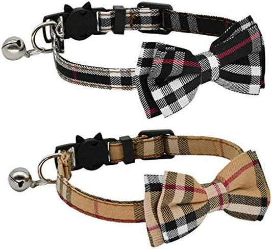 2 Pack Stylish Collar with Cute BowTie & Bell for Kitty and Some Puppies, Adjustable from 7.8-10.5 Inch (Black+Brown)