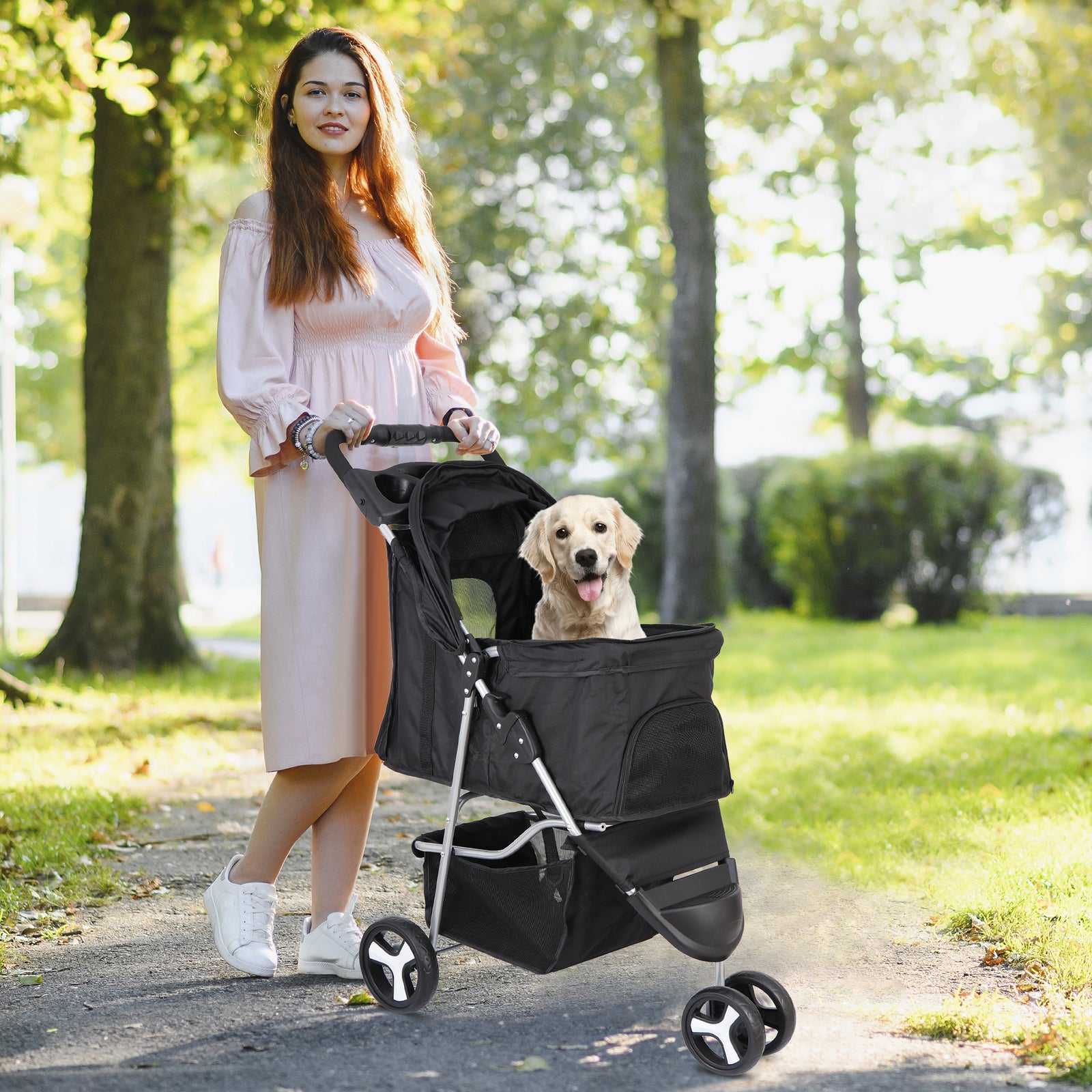 Dog Stroller / Travel Carriage - 3 Wheeler W/Foldable Carrier Cart & Cup Holder