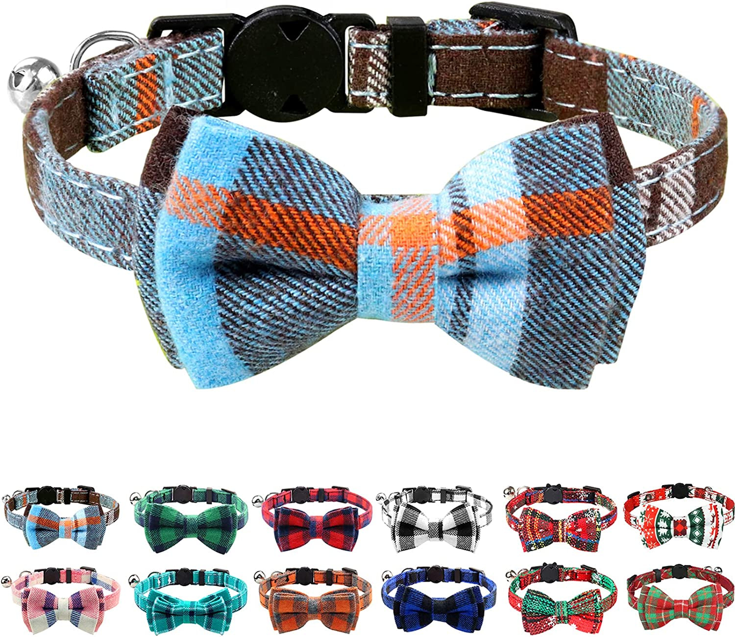 Stylish Cat Collar with BowTie & Bells, 1 Pack Safety Plaid Kitten Collars, Haze Blue