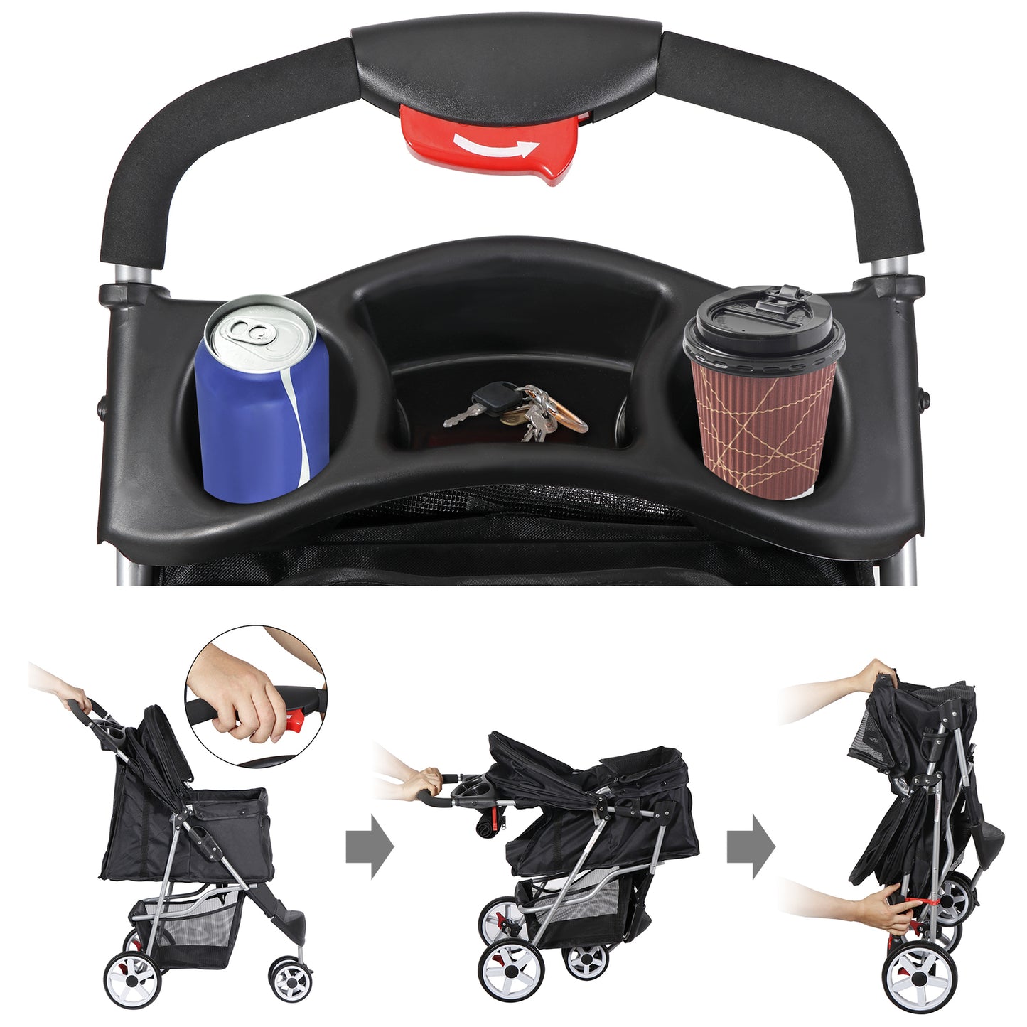 Dog Stroller / Travel Carriage - 3 Wheeler W/Foldable Carrier Cart & Cup Holder
