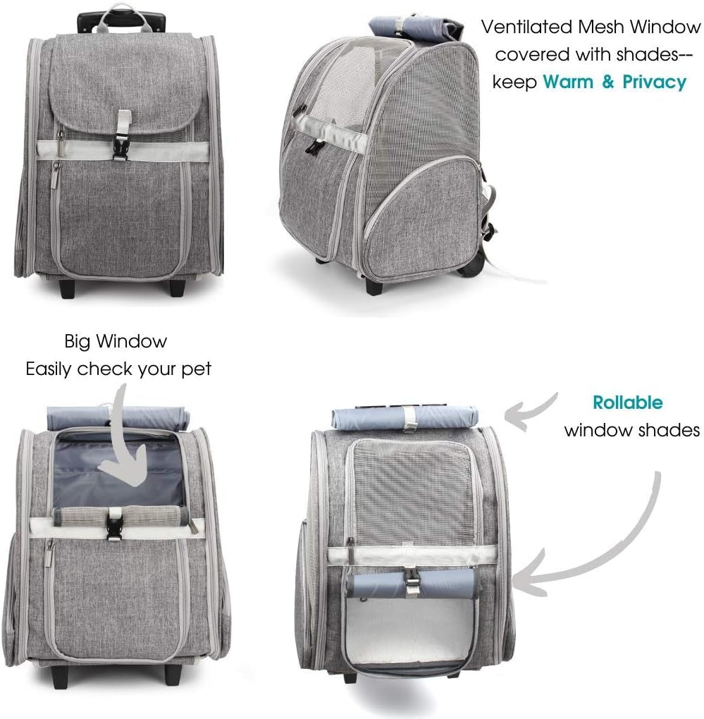 Pet Rolling Carrier/ Trolley- Cats/ Puppies Travel Bagpack with Wheels (Grey)