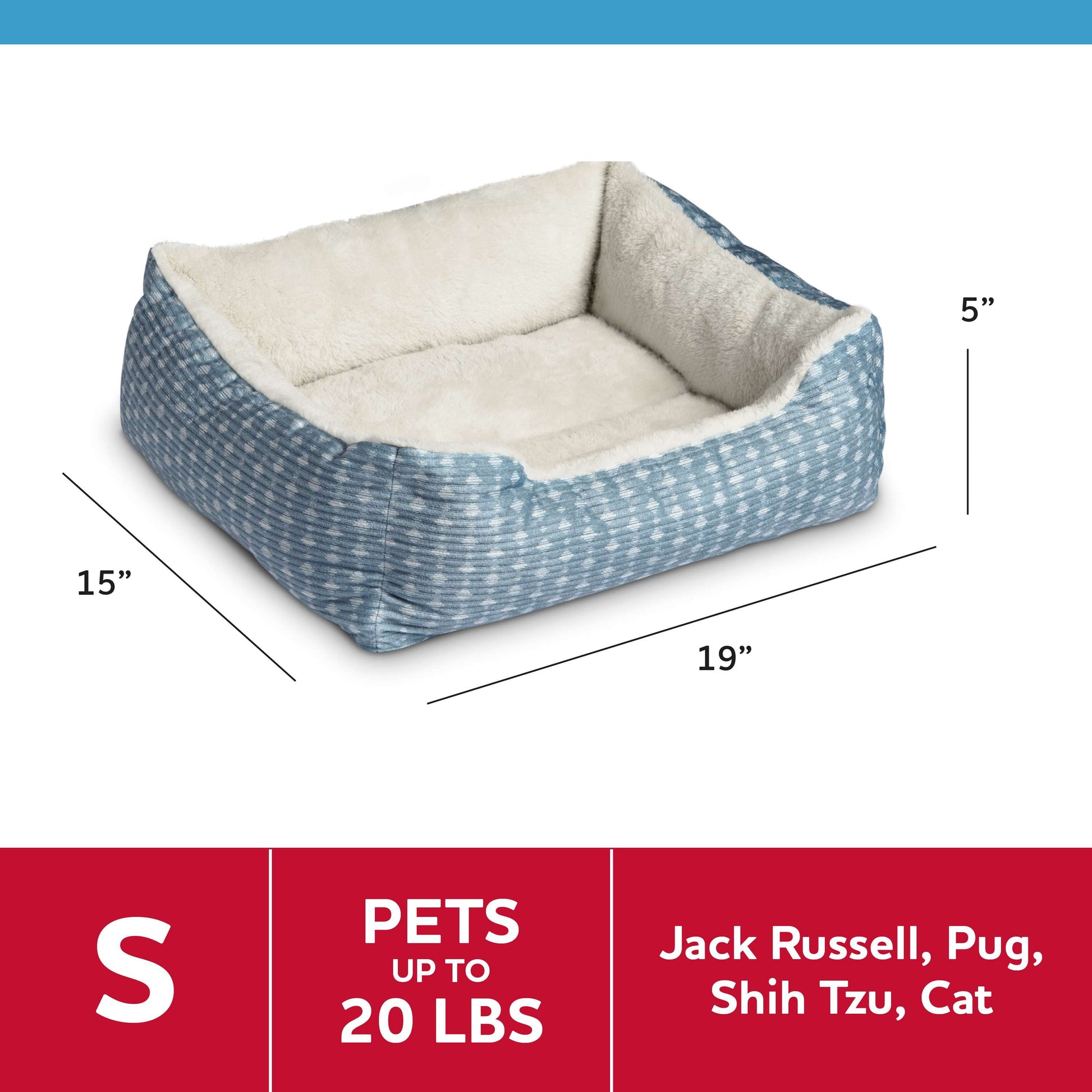 Dog & Cat Plush Bed/ Cuddler, Portable, Blue & White, 19" × 15"