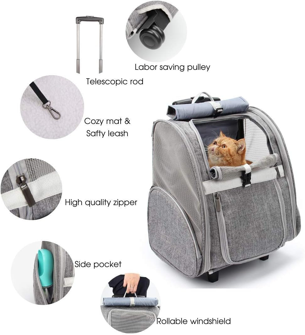 Pet Rolling Carrier/ Trolley- Cats/ Puppies Travel Bagpack with Wheels (Grey)