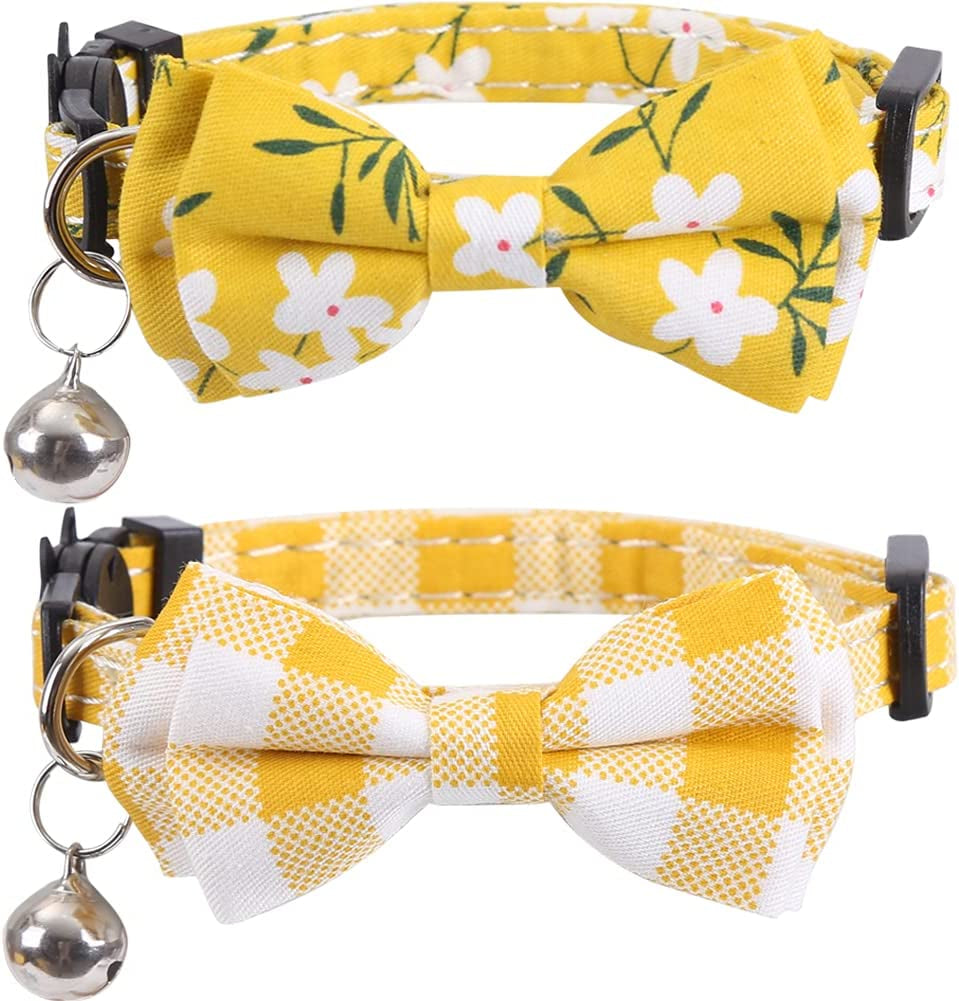 2 Pack/Set Stylish Cat Collar with Bow Tie and Bell , Plaid Flower for Kitty , Adjustable 