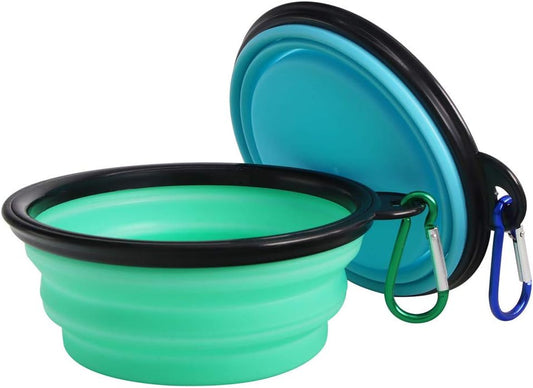 2-Pack Collapsible Travel Pet Bowl , Portable Silicone Pet Feeder, Foldable /Expandable Bowl (Light Blue+Light Green)