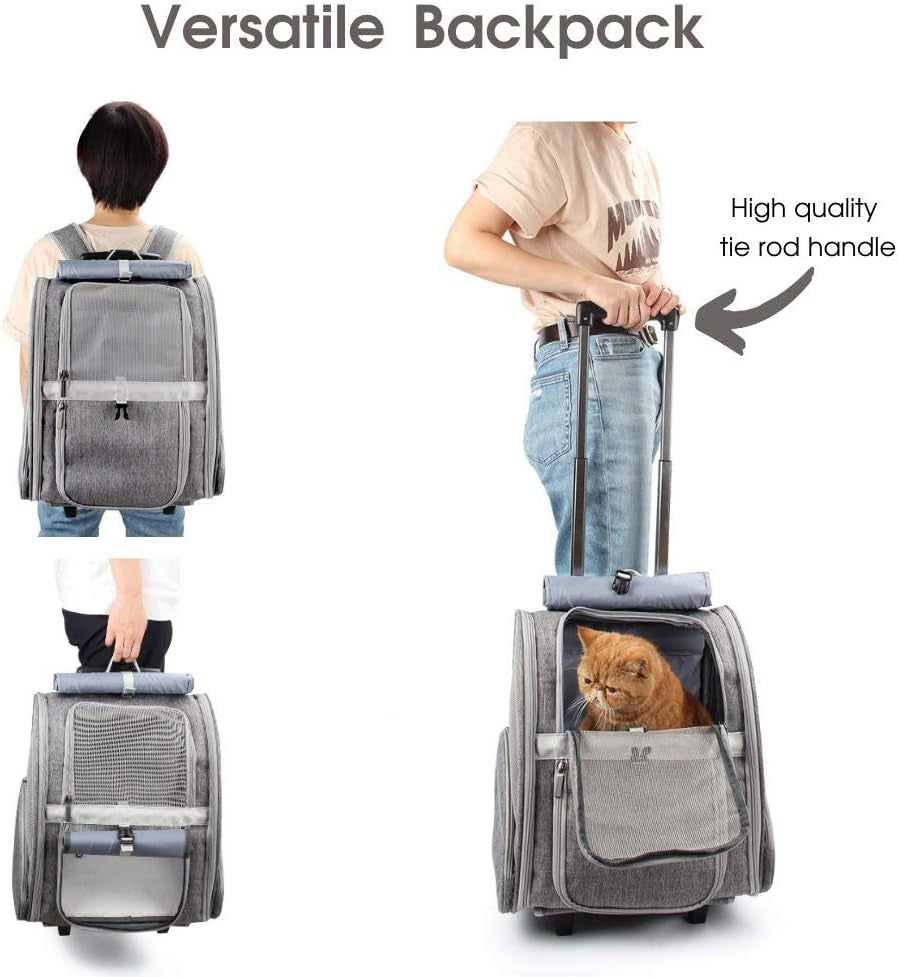 Pet Rolling Carrier/ Trolley- Cats/ Puppies Travel Bagpack with Wheels (Grey)