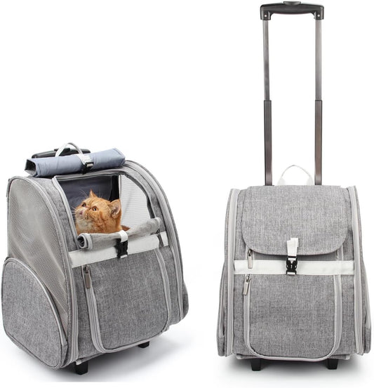 Pet Rolling Carrier/ Trolley- Cats/ Puppies Travel Bagpack with Wheels (Grey)