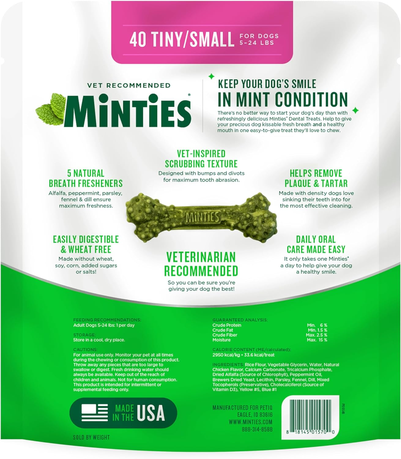 Vet-Recommended Dental Chews for Tiny/Small Dogs, 40 Count,  Mint-Flavored Treats that Clean Teeth, Fights Bad Breath /Plaque/Tartar