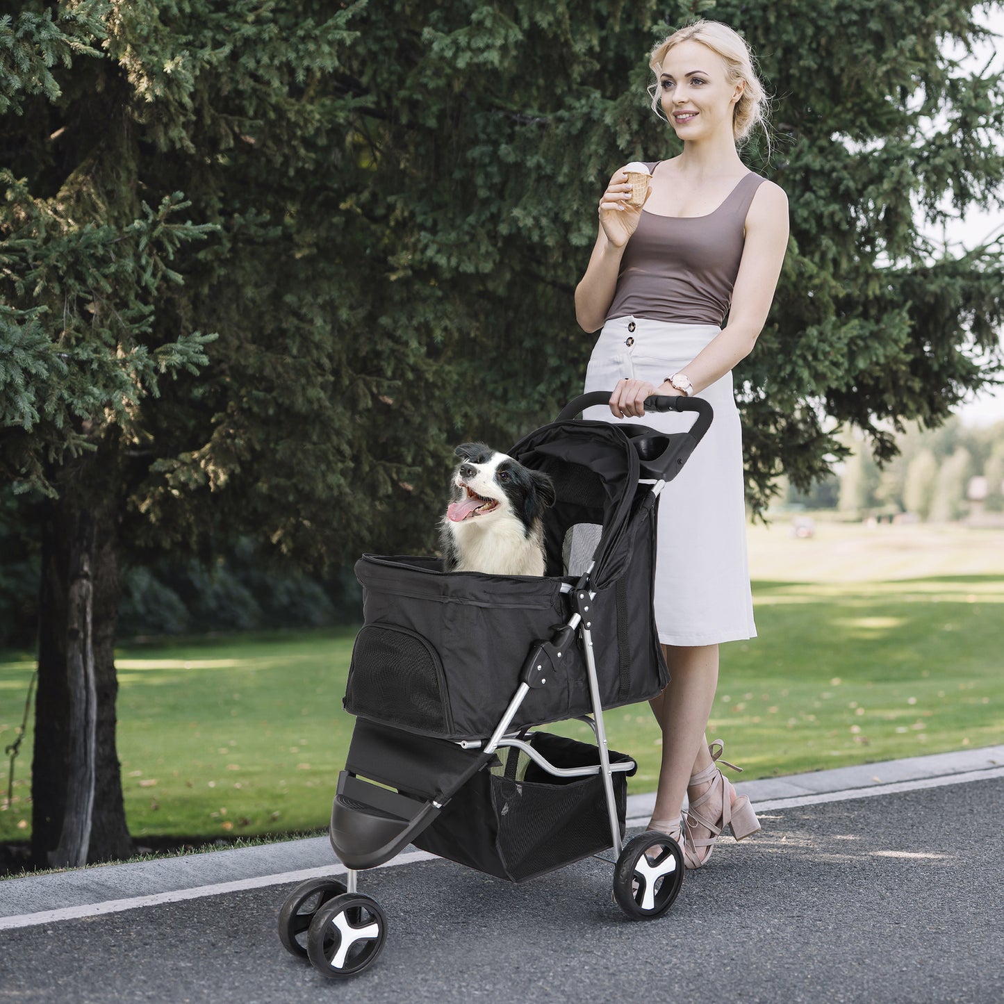 Dog Stroller / Travel Carriage - 3 Wheeler W/Foldable Carrier Cart & Cup Holder