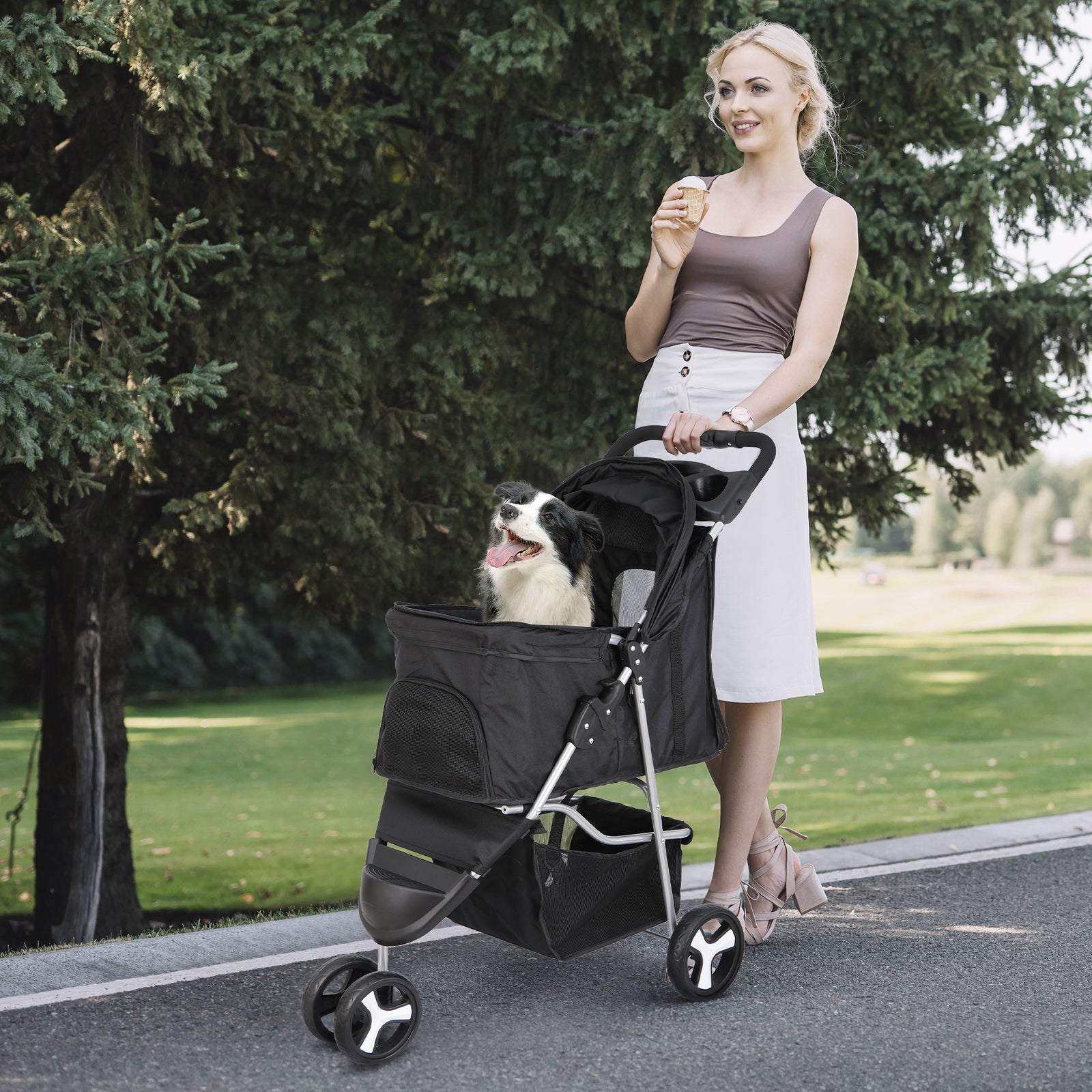 Dog Stroller / Travel Carriage - 3 Wheeler W/Foldable Carrier Cart & Cup Holder