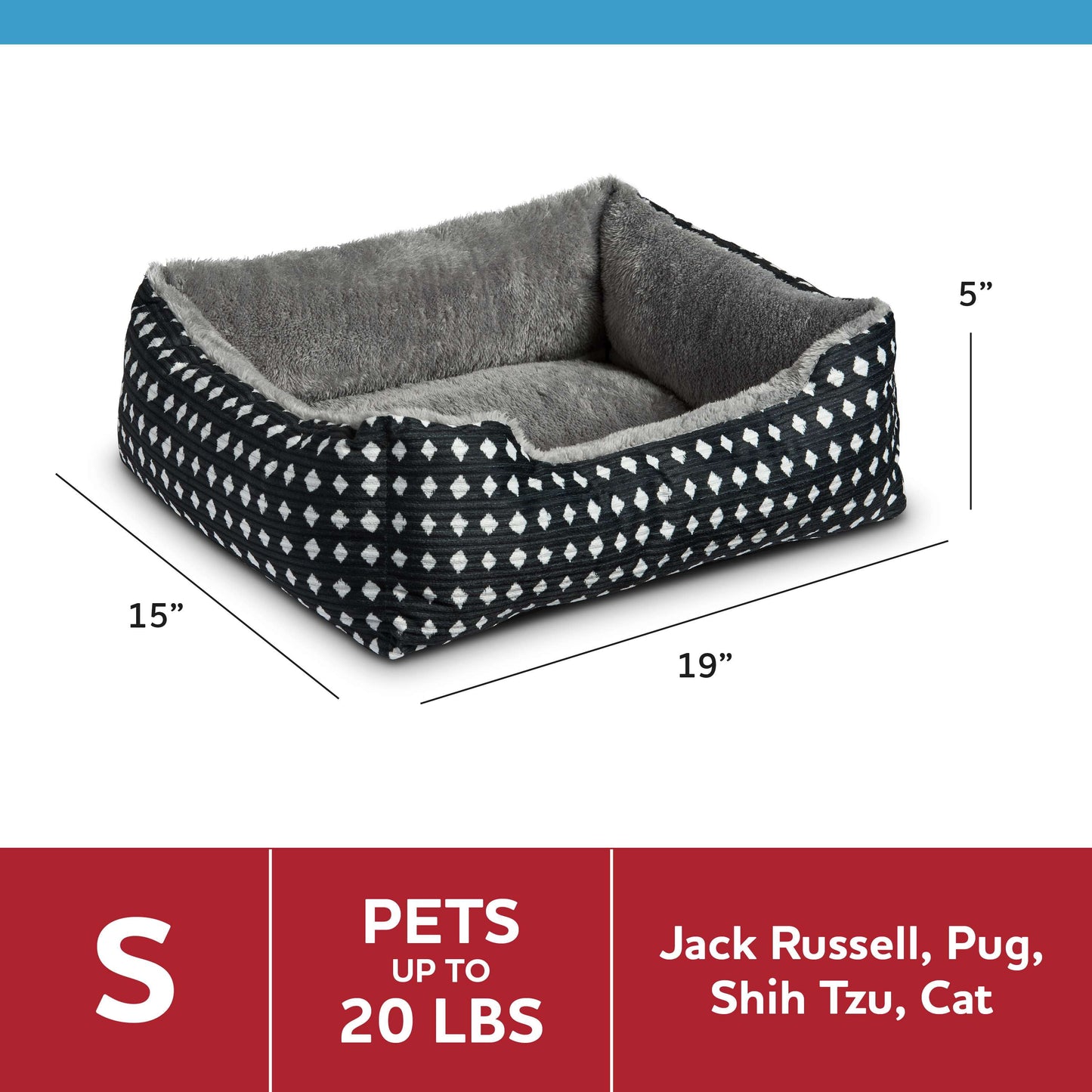 Dog & Cat Plush Bed/ Cuddles, Portable, Black & White Diamonds, 19" × 15"