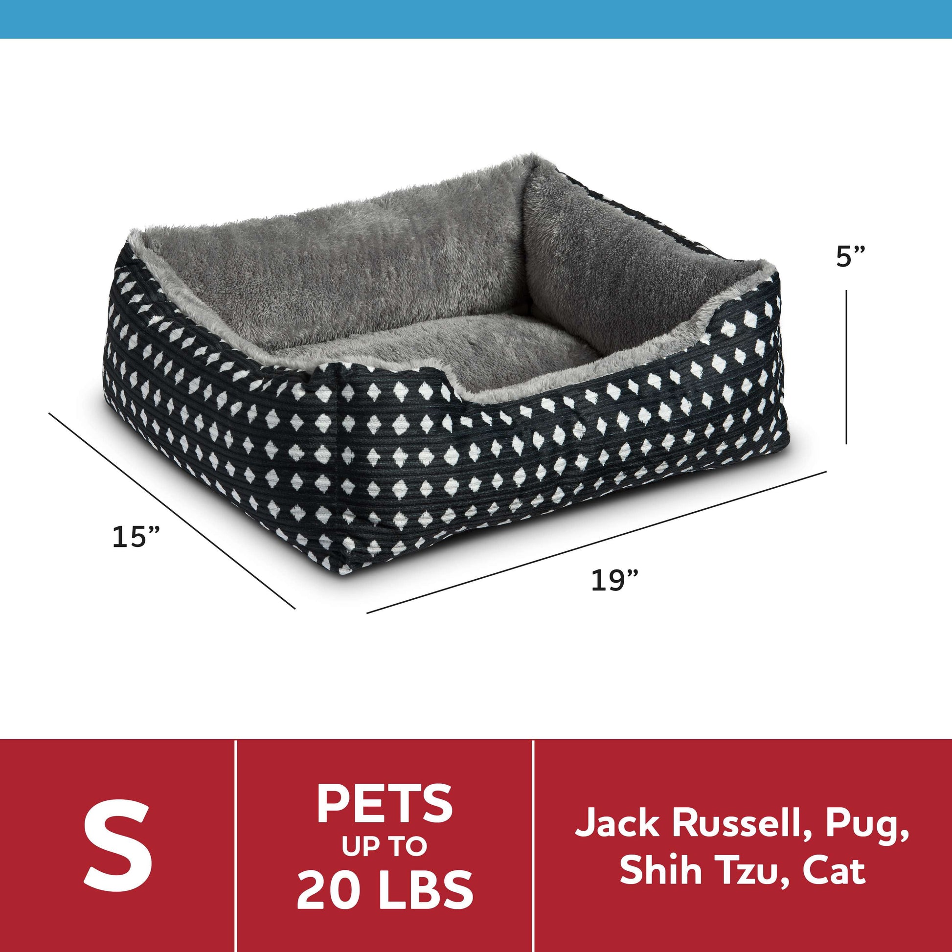Dog & Cat Plush Bed/ Cuddles, Portable, Black & White Diamonds, 19" × 15"
