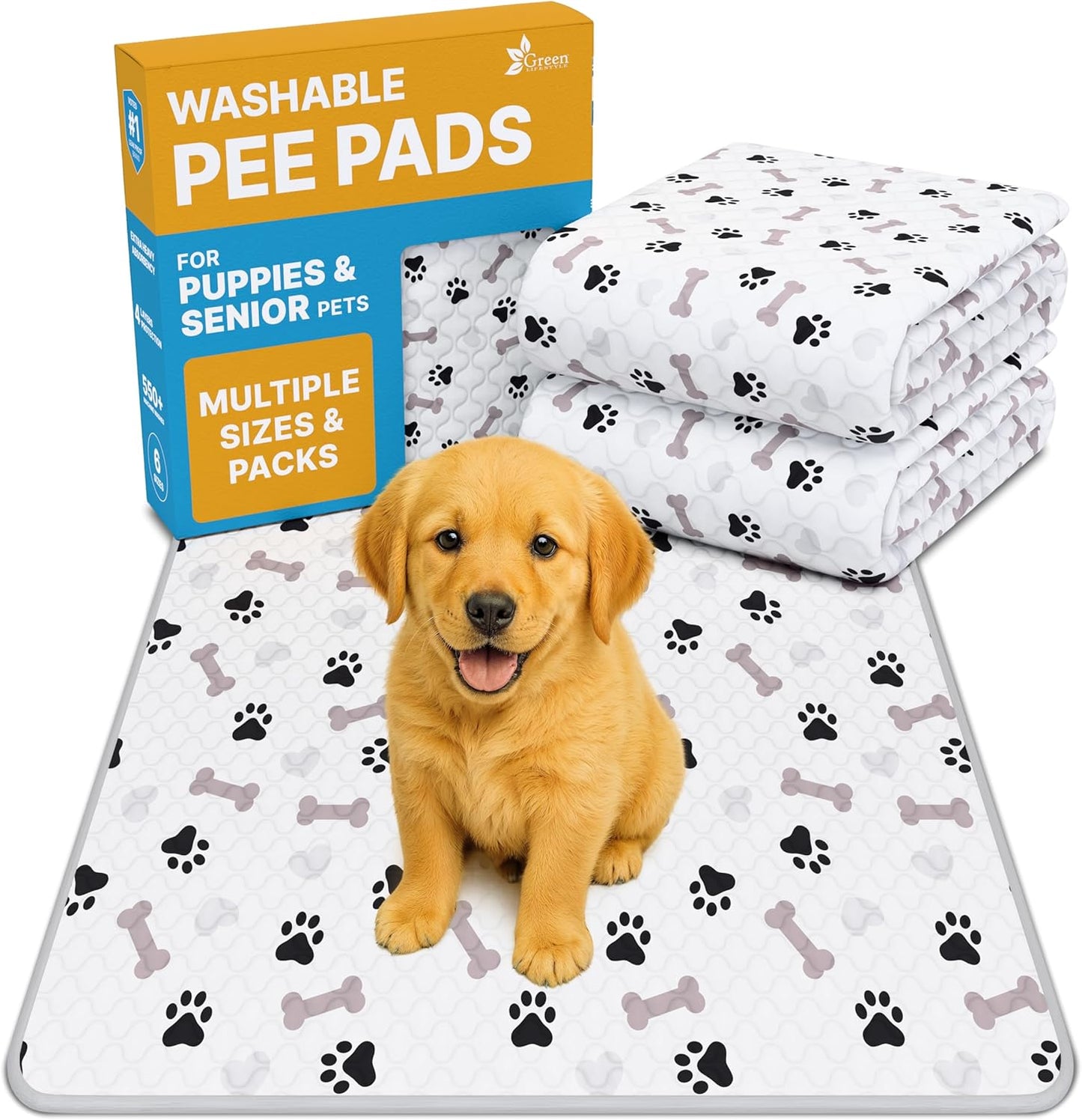 Washable Pee Pads for Puppies - Waterproof /Reusable/ Anti-Slip Backing, Training Pads (Pack of 6 - 30X34)