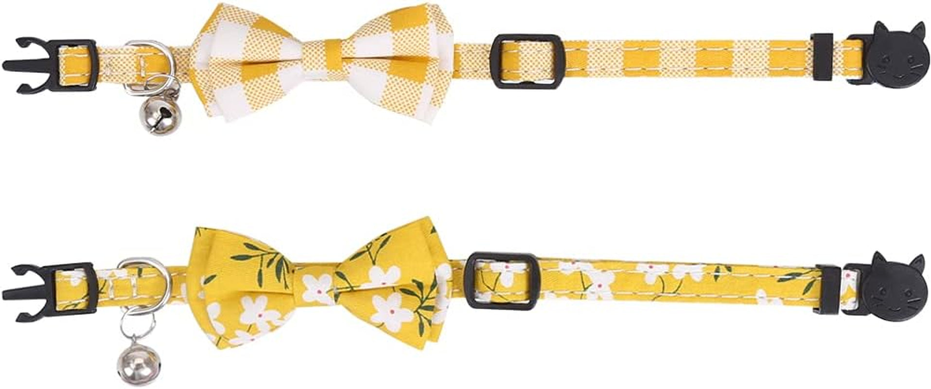 2 Pack/Set Stylish Cat Collar with Bow Tie and Bell , Plaid Flower for Kitty , Adjustable 