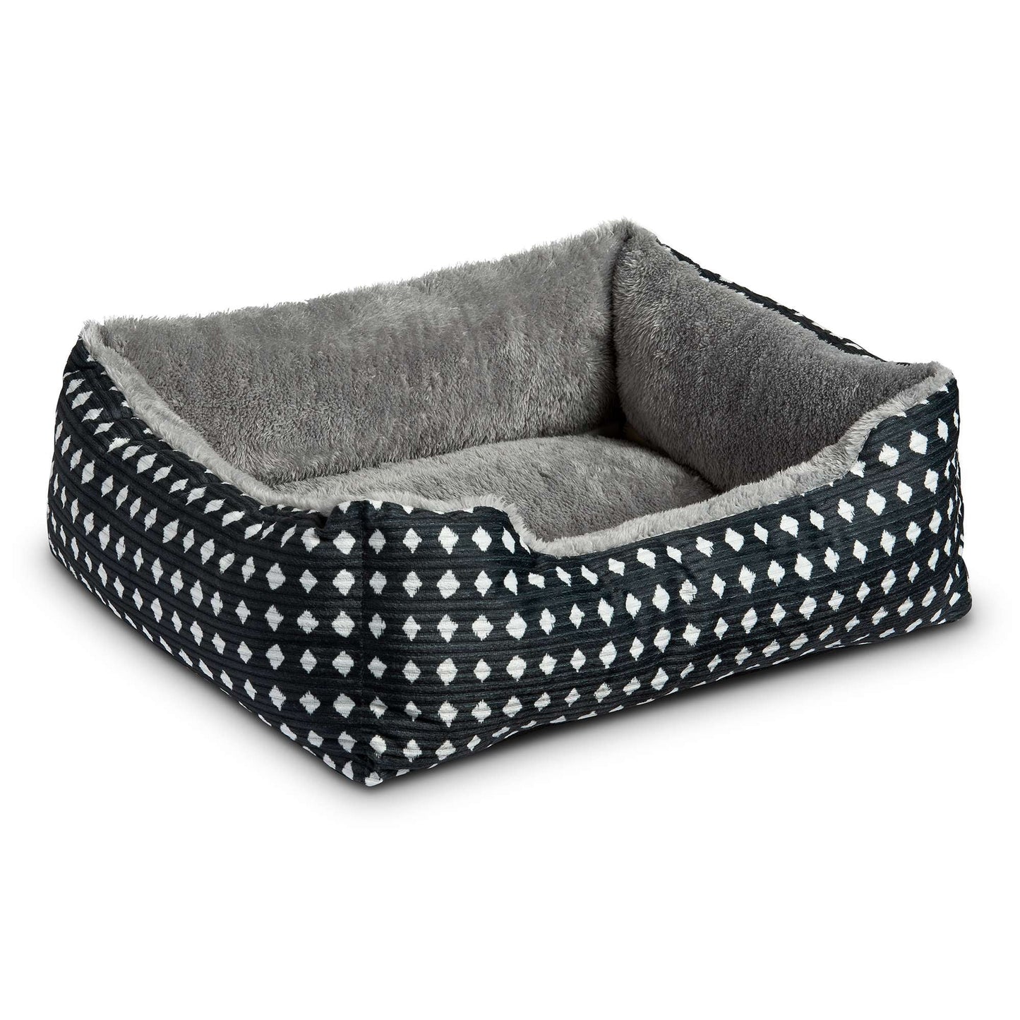Dog & Cat Plush Bed/ Cuddles, Portable, Black & White Diamonds, 19" × 15"