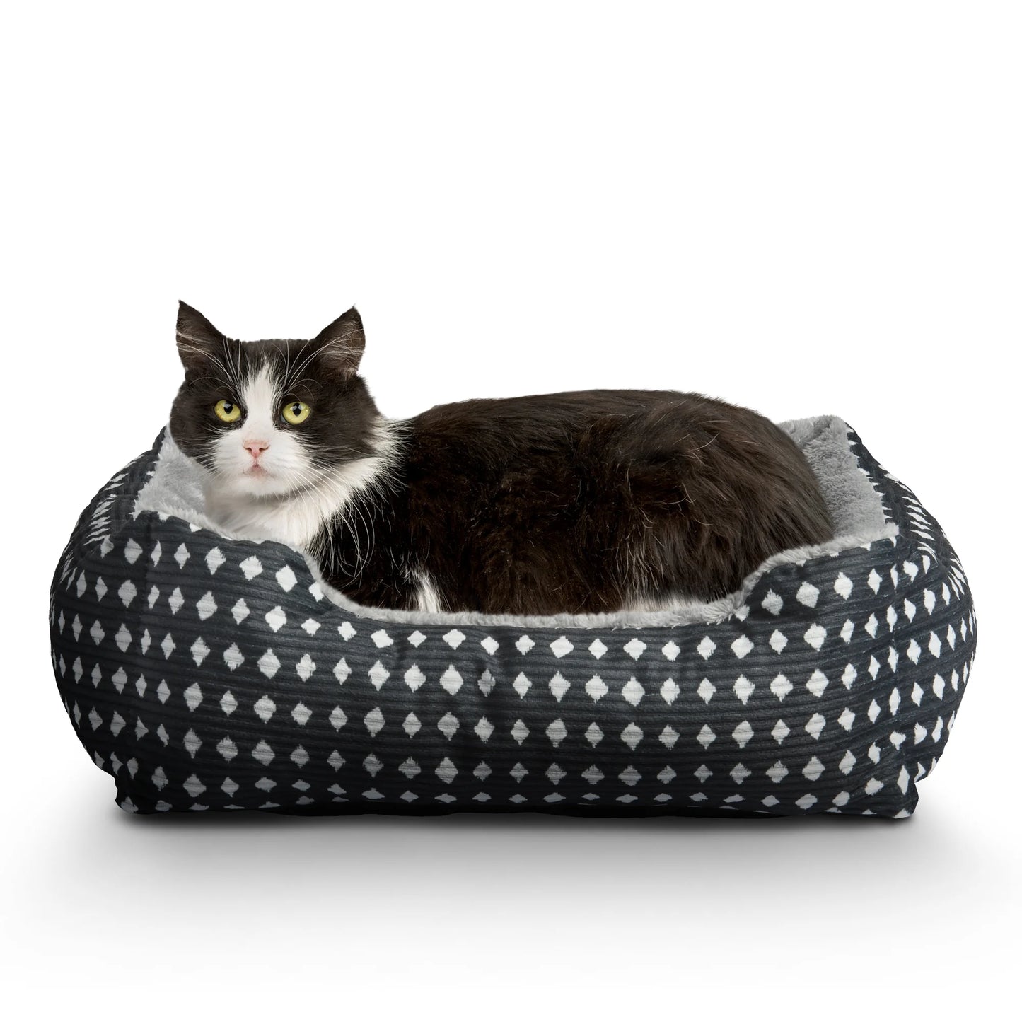 Dog & Cat Plush Bed/ Cuddles, Portable, Black & White Diamonds, 19" × 15"