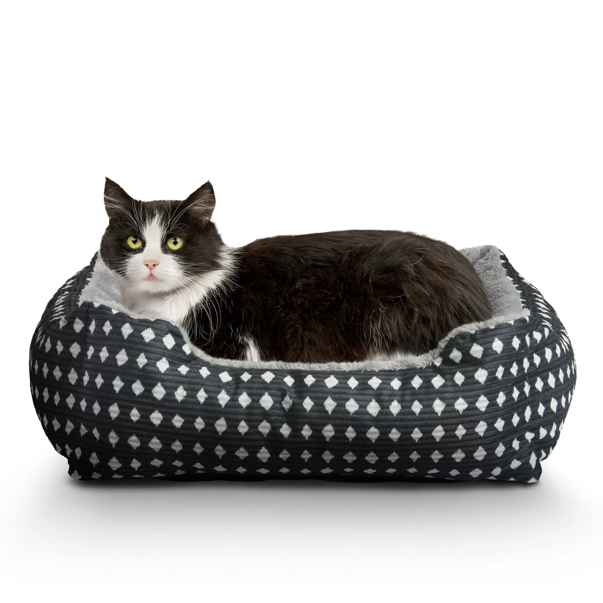 Dog & Cat Plush Bed/ Cuddles, Portable, Black & White Diamonds, 19" × 15"