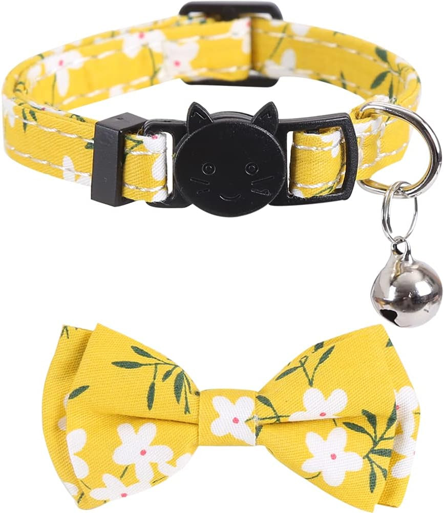 2 Pack/Set Stylish Cat Collar with Bow Tie and Bell , Plaid Flower for Kitty , Adjustable 