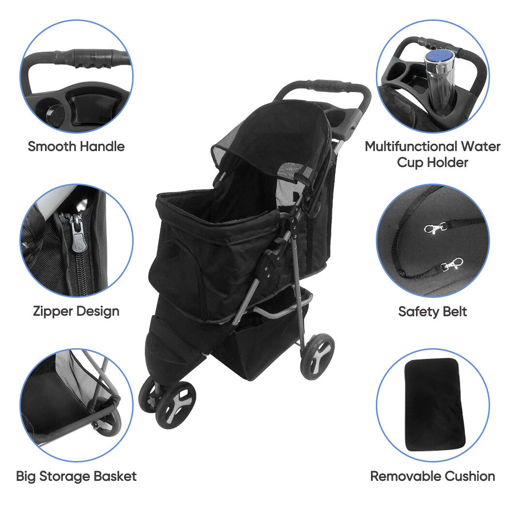 Dog Stroller / Travel Carriage - 3 Wheeler W/Foldable Carrier Cart & Cup Holder